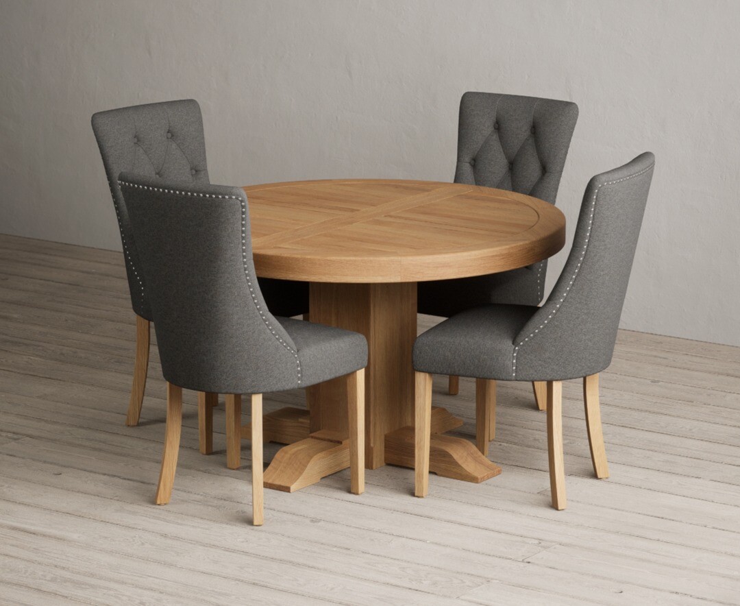 Extending Helmsley Oak Pedestal Dining Table with 4 Grey Beatrix Chairs