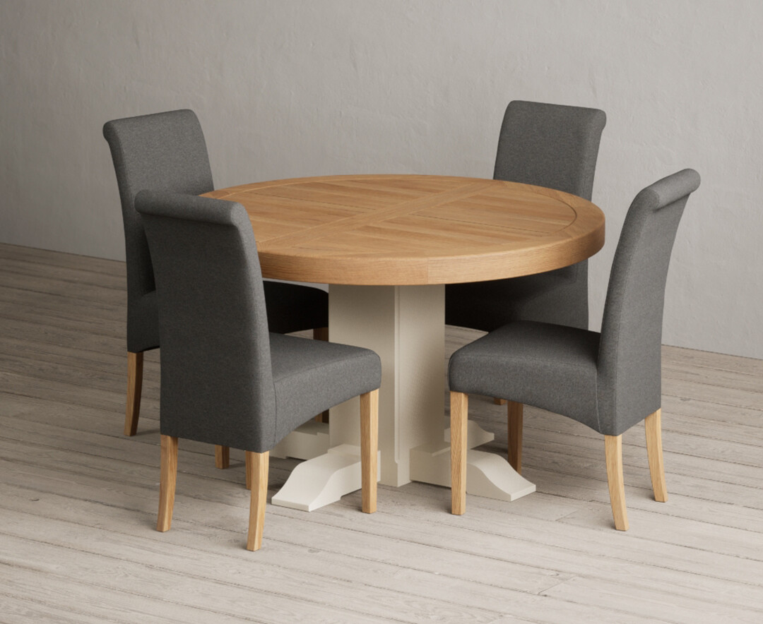 Extending Helmsley Oak And Cream Painted Pedestal Dining Table With 6 Blue Scroll Back Chairs