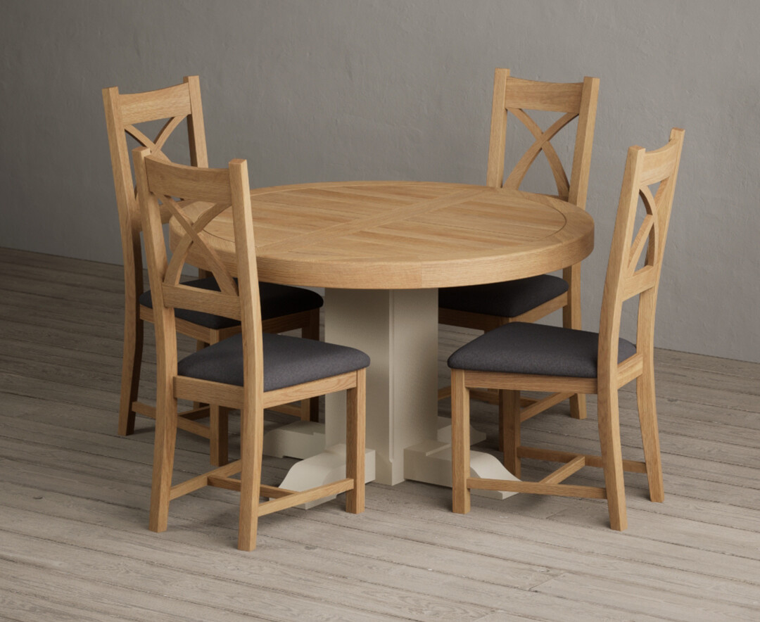Extending Helmsley Oak And Cream Painted Pedestal Dining Table With 8 Light Grey Natural Solid Oak Chairs