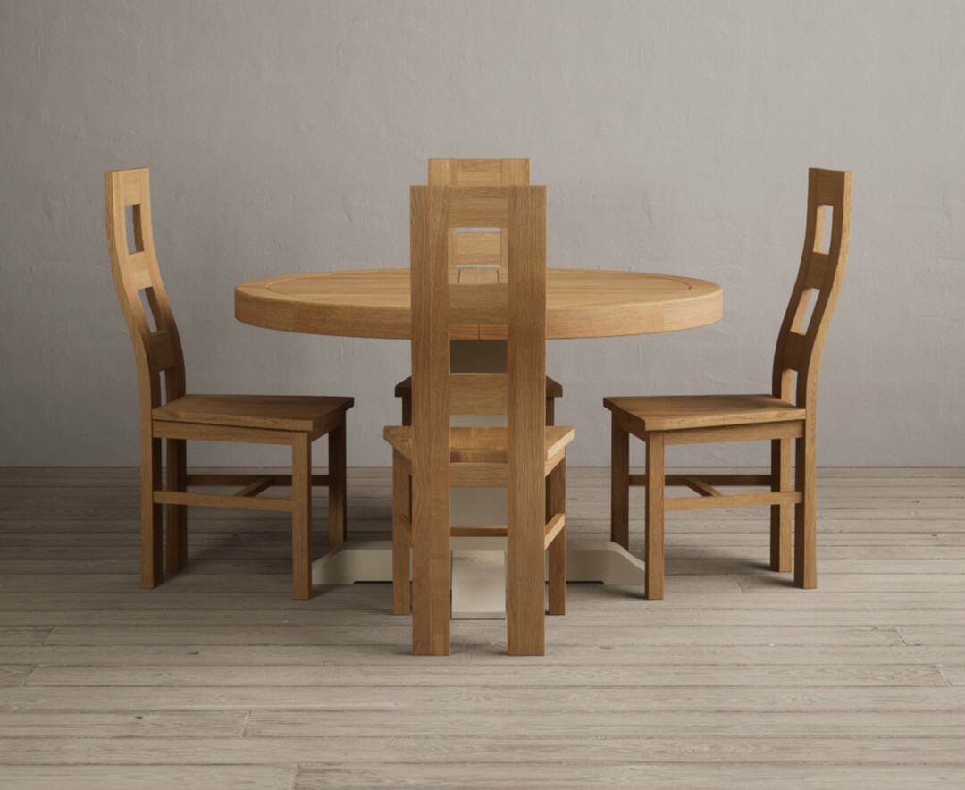 Extending Helmsley Oak and Cream Painted Pedestal Dining Table with 4 Oak Natural Chairs