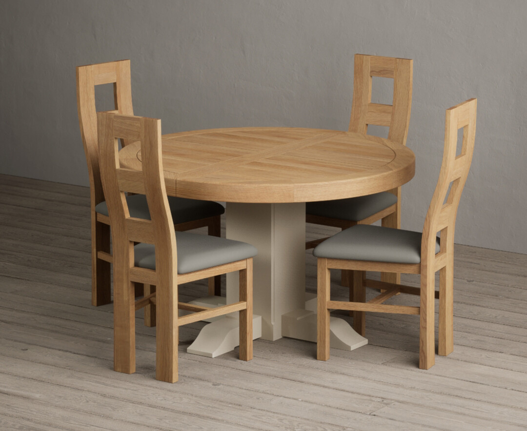 Extending Helmsley Oak and Cream Painted Pedestal Dining Table with 4 Grey Natural Solid Oak Chairs