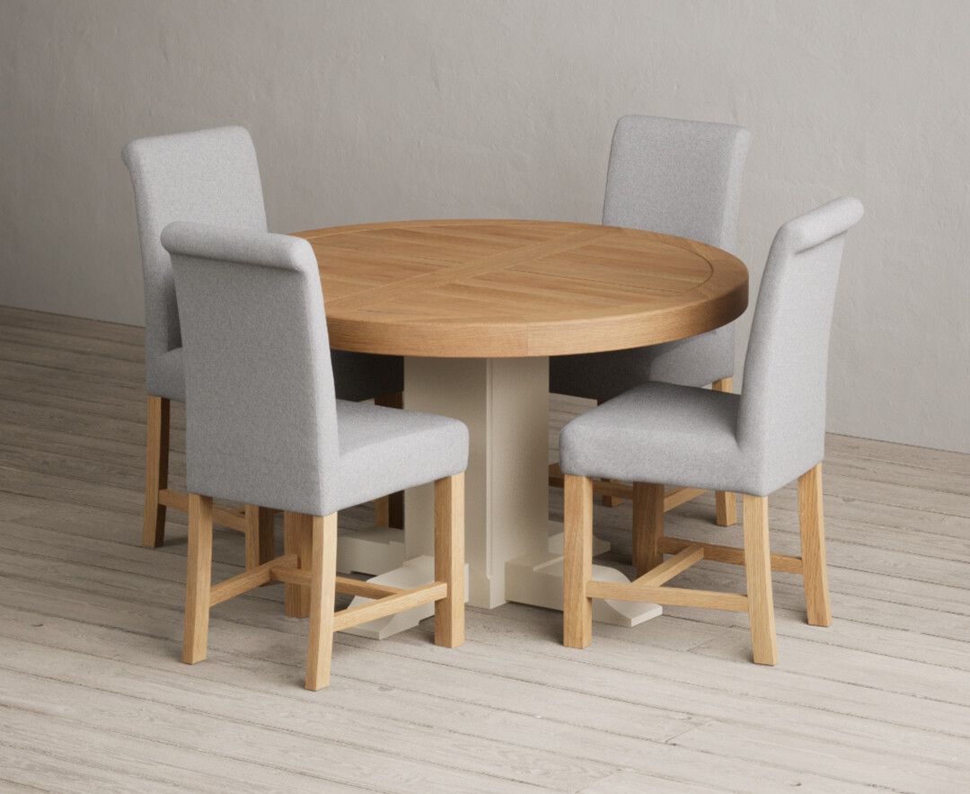Extending Helmsley Oak And Cream Painted Pedestal Dining Table With 6 Grey Braced Chairs