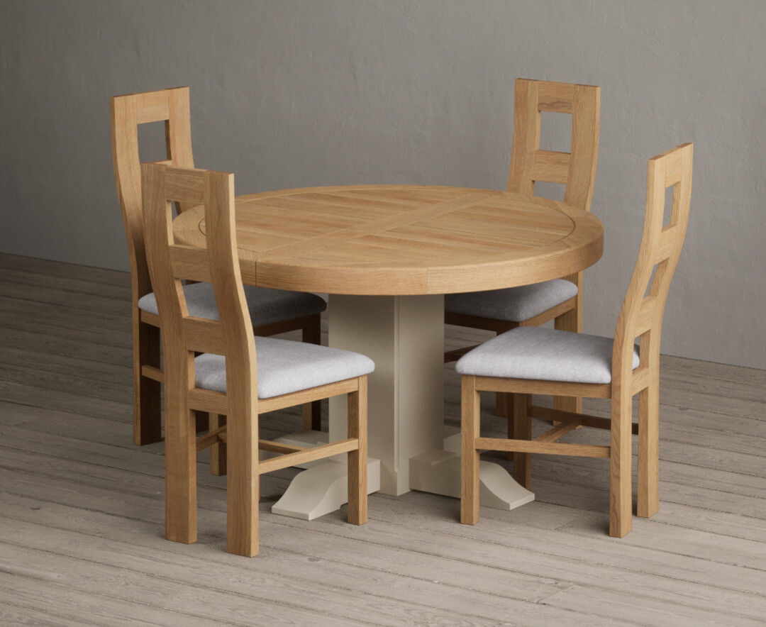 Extending Helmsley Oak And Cream Painted Pedestal Dining Table With 6 Light Grey Natural Chairs