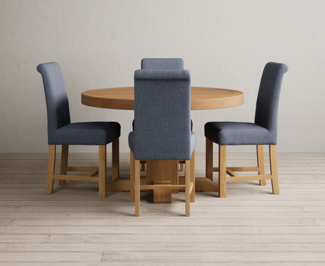 Extending Helmsley Oak Pedestal Dining Table with 4 Blue Braced Chairs