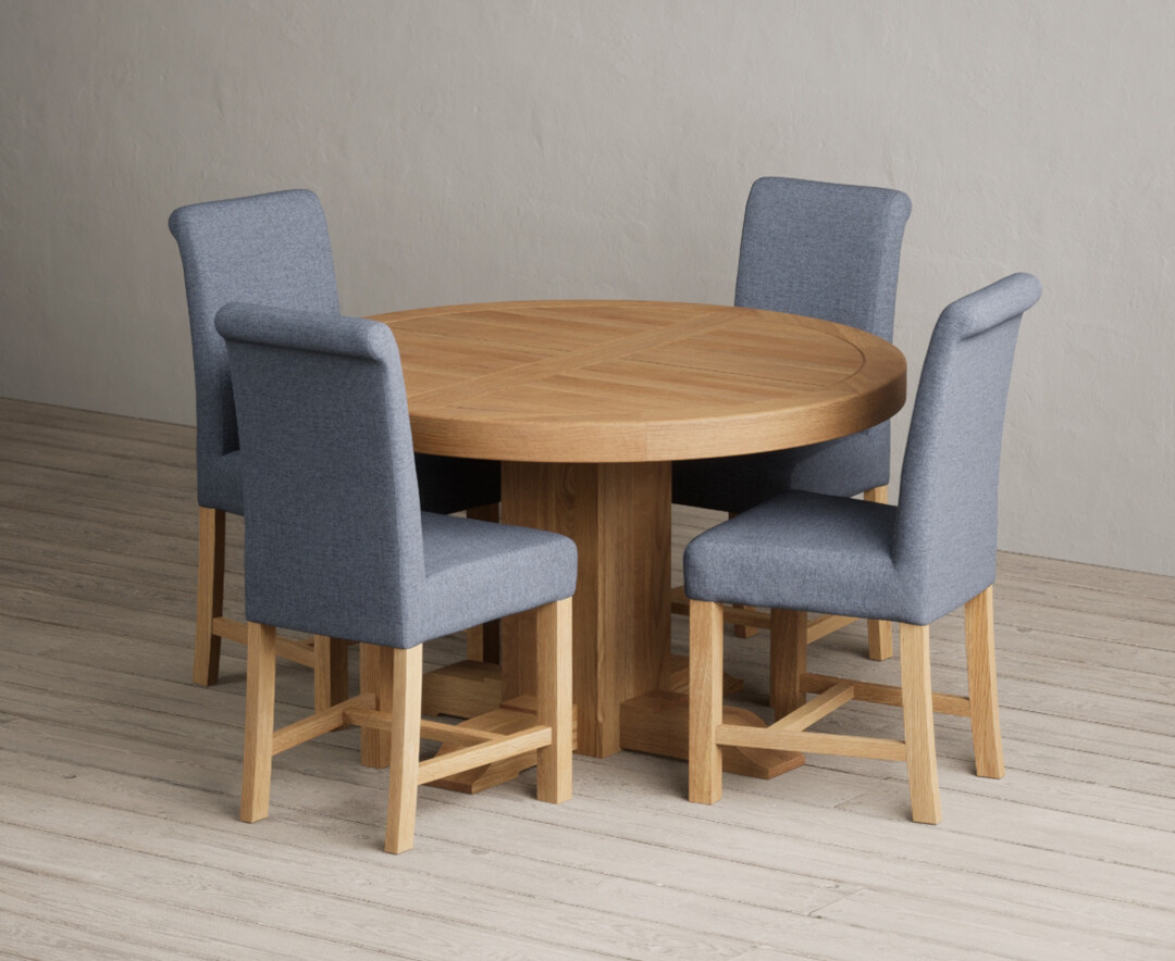 Extending Helmsley Oak Pedestal Dining Table With 4 Blue Braced Chairs