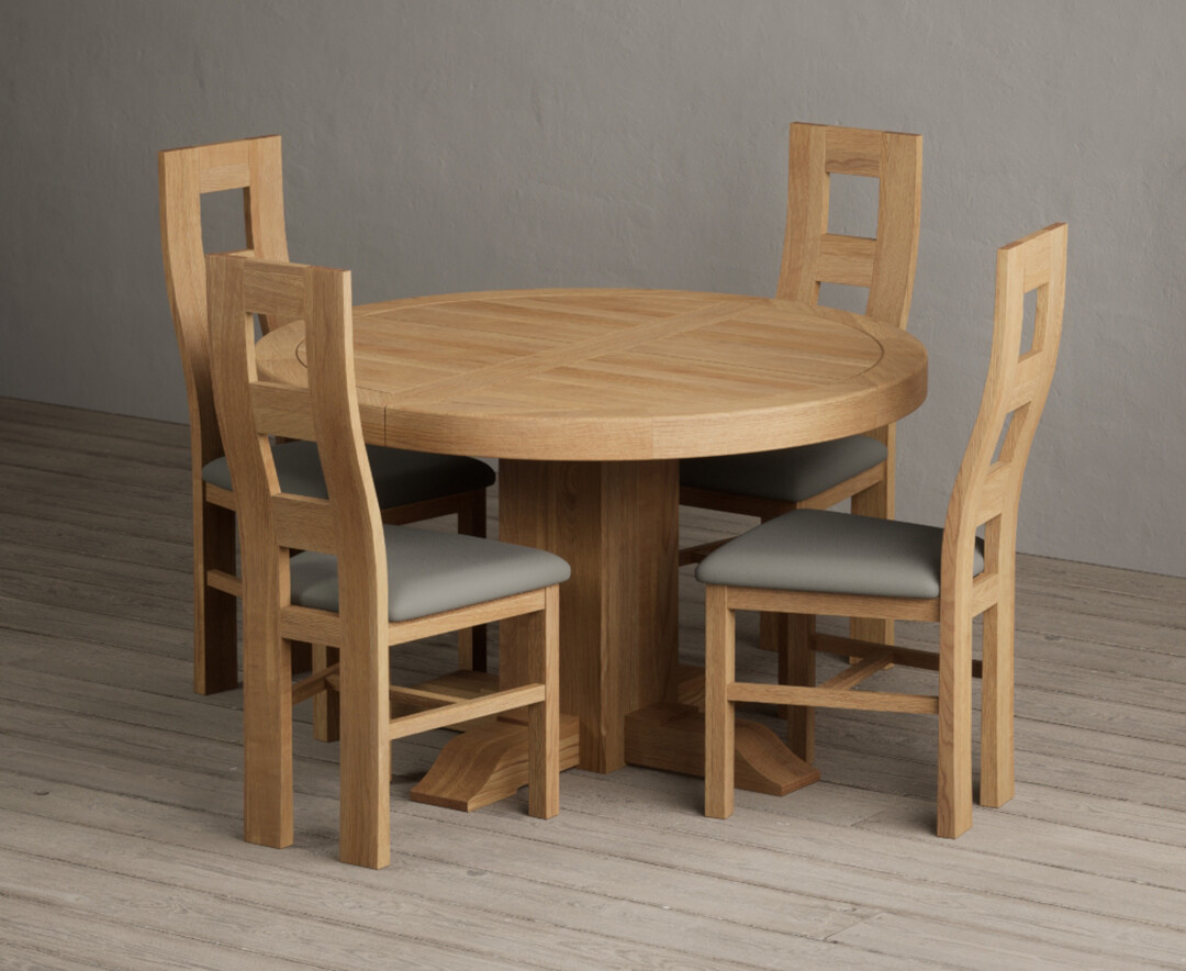 Extending Helmsley Oak Pedestal Dining Table with 4 Grey Natural Solid Oak Chairs