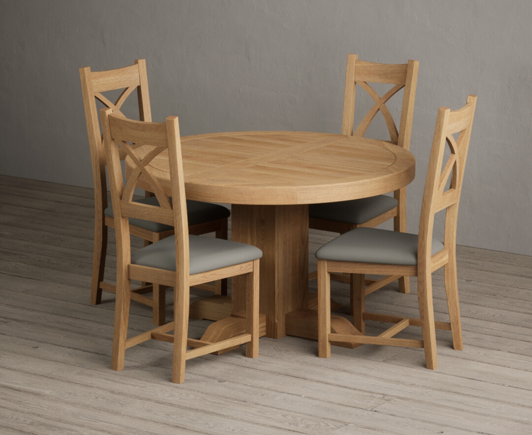 Extending Helmsley Oak Pedestal Dining Table with 6 Grey Natural Solid Oak Chairs
