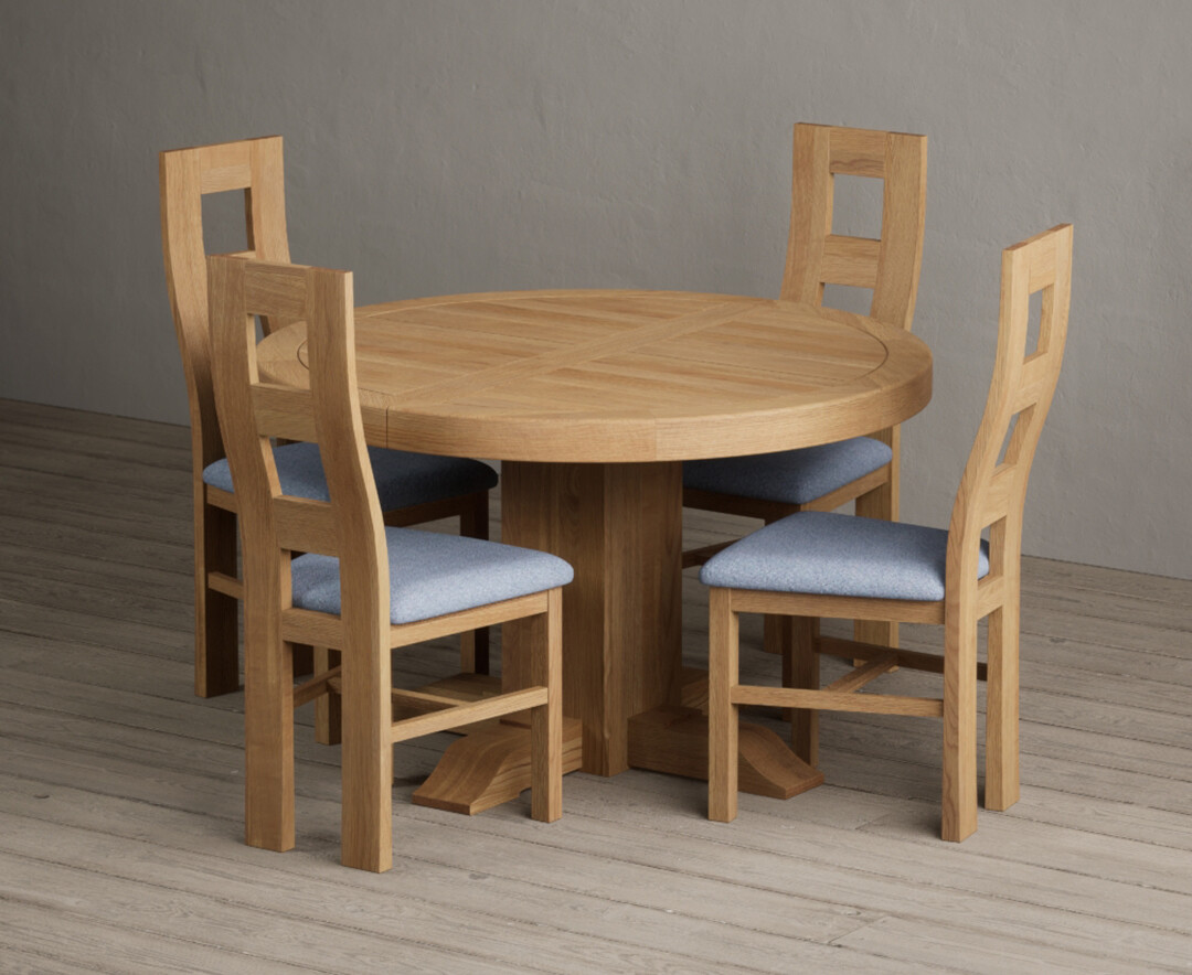 Extending Helmsley Oak Pedestal Dining Table With 6 Blue Natural Chairs