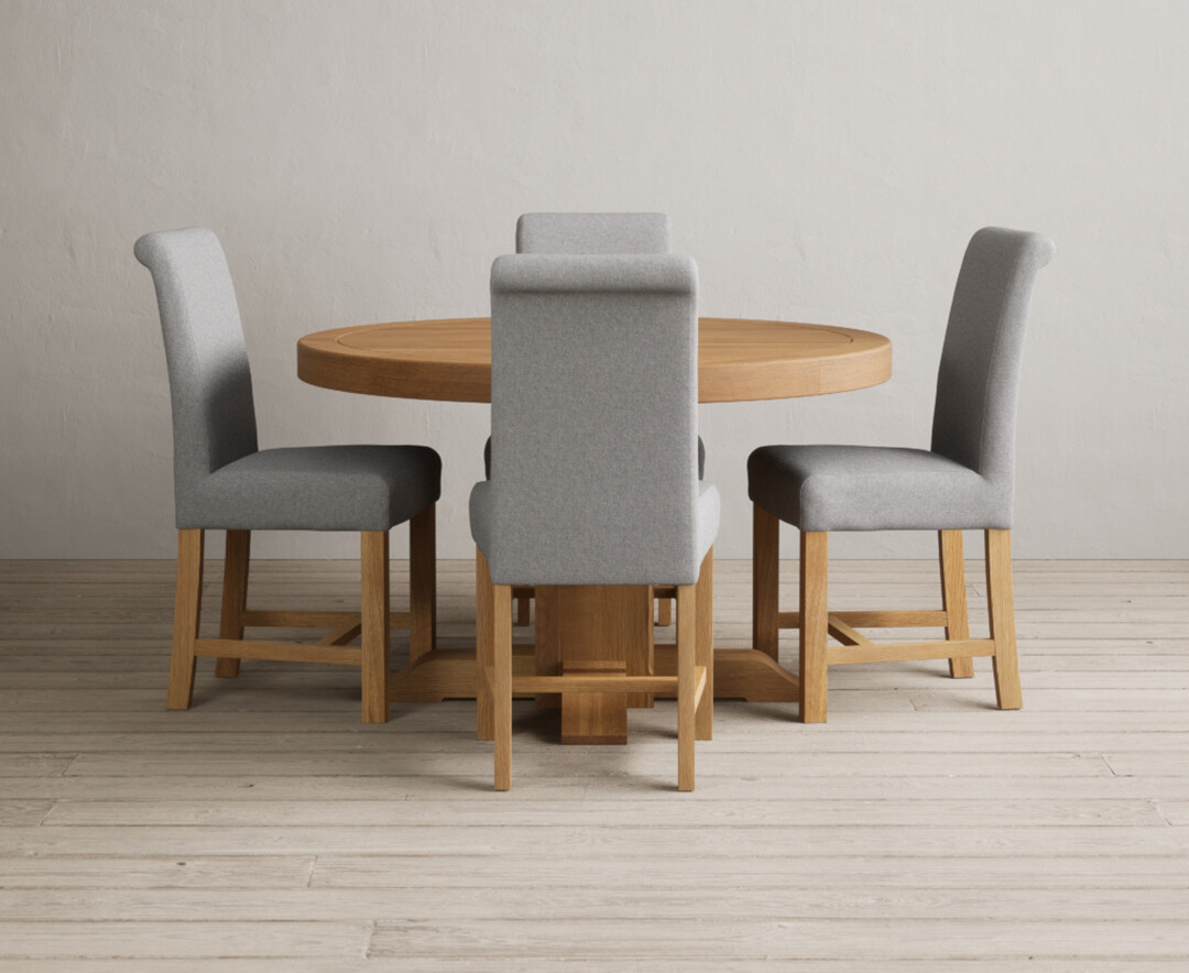 Extending Helmsley Oak Pedestal Dining Table with 4 Grey Braced Chairs
