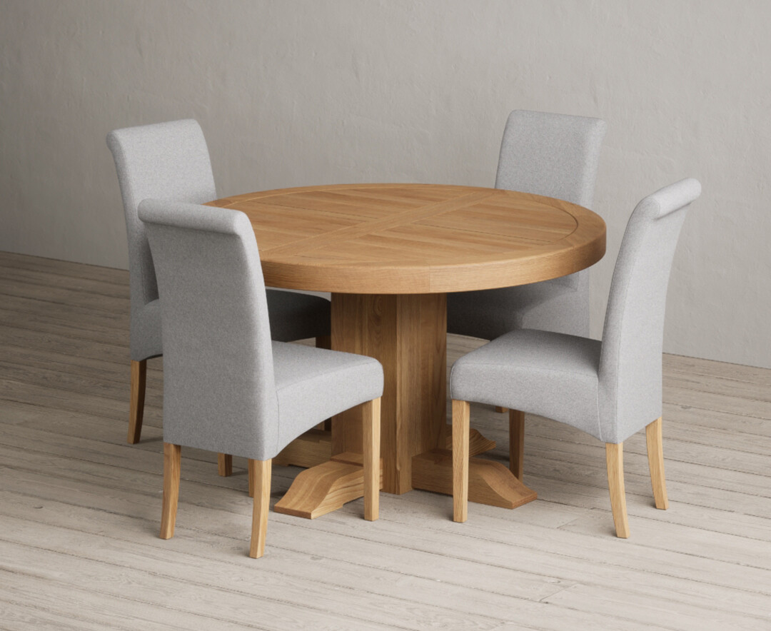 Extending Helmsley Oak Pedestal Dining Table With 8 Charcoal Grey Scroll Back Chairs