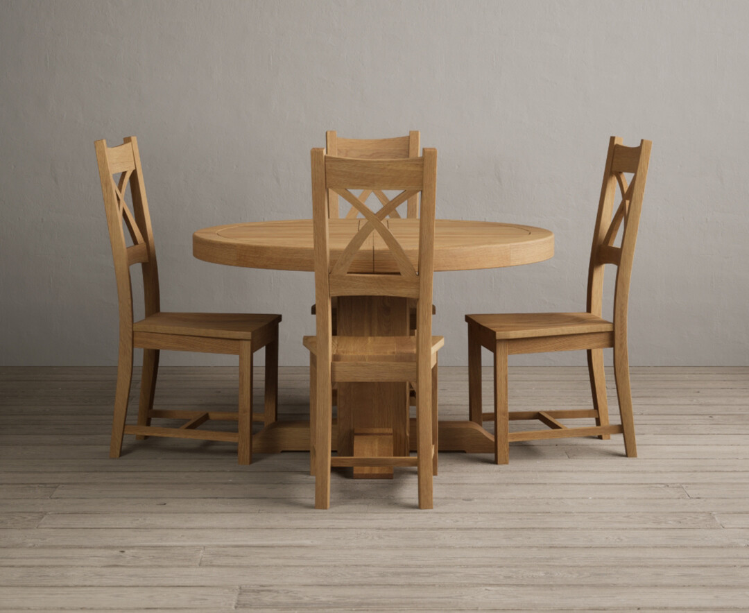 Extending Helmsley Oak Pedestal Dining Table with 4 Oak Natural Chairs