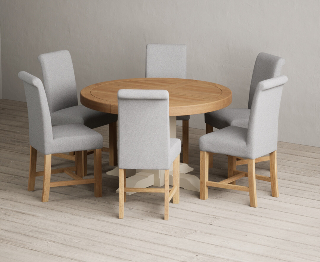 Extending Helmsley Oak and Cream Painted Pedestal Dining Table with 6 Grey Braced Chairs
