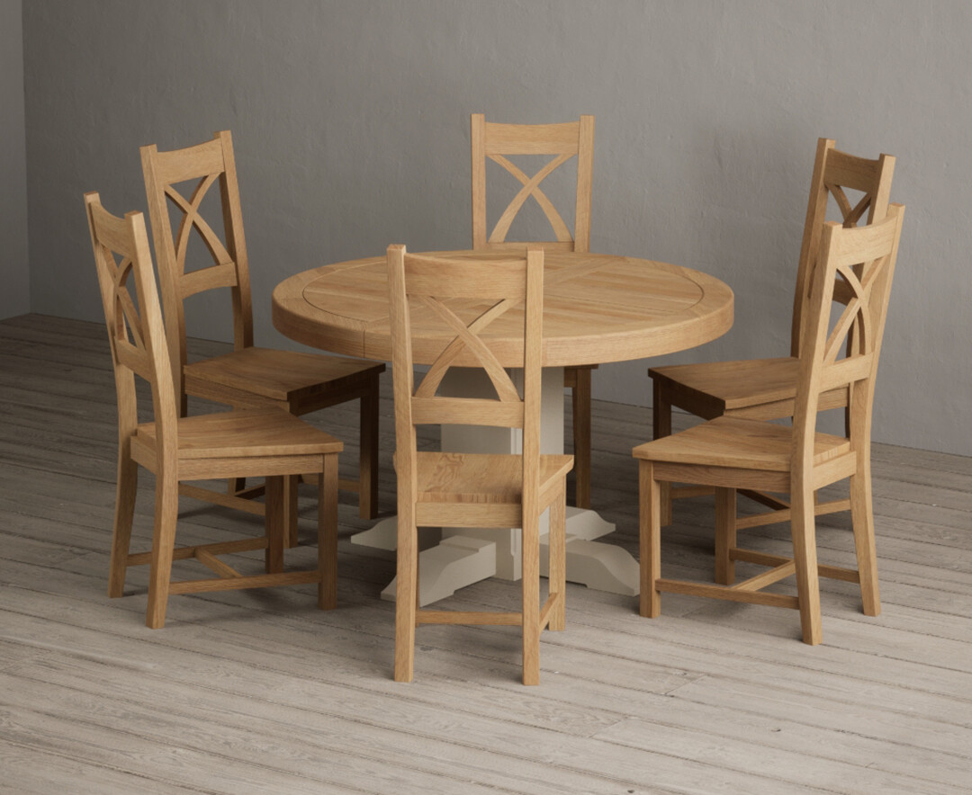 Extending Helmsley Oak and Cream Painted Pedestal Dining Table with 6 Oak Natural Chairs