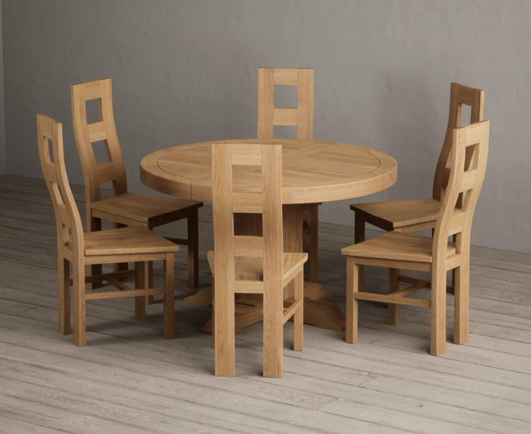Extending Helmsley Oak Pedestal Dining Table with 6 Oak Natural Chairs