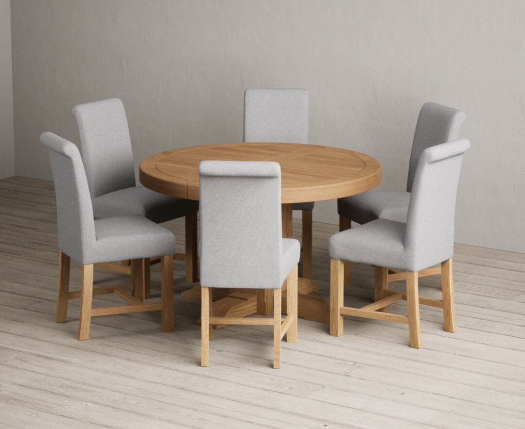 Extending Helmsley Oak Pedestal Dining Table with 6 Grey Braced Chairs