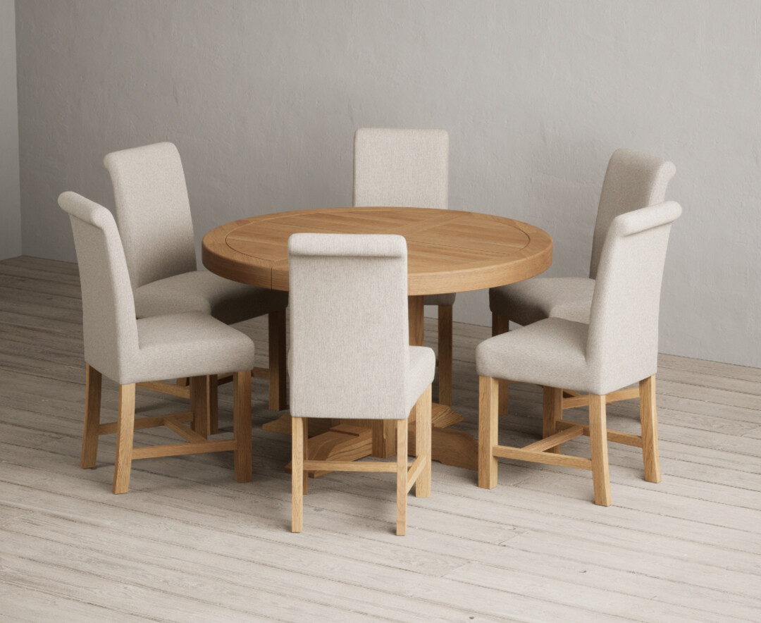 Extending Helmsley Oak Pedestal Dining Table with 6 Natural Braced Chairs