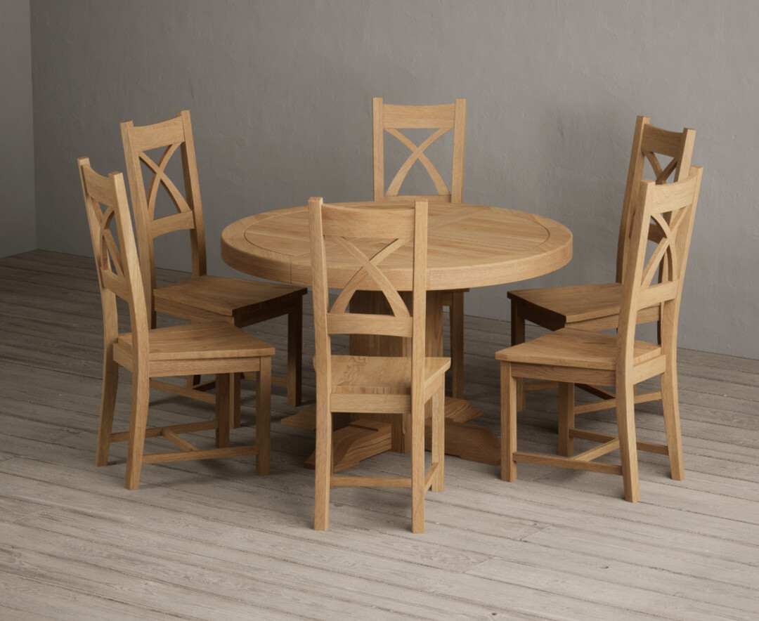 Extending Helmsley Oak Pedestal Dining Table with 6 Oak Natural Chairs