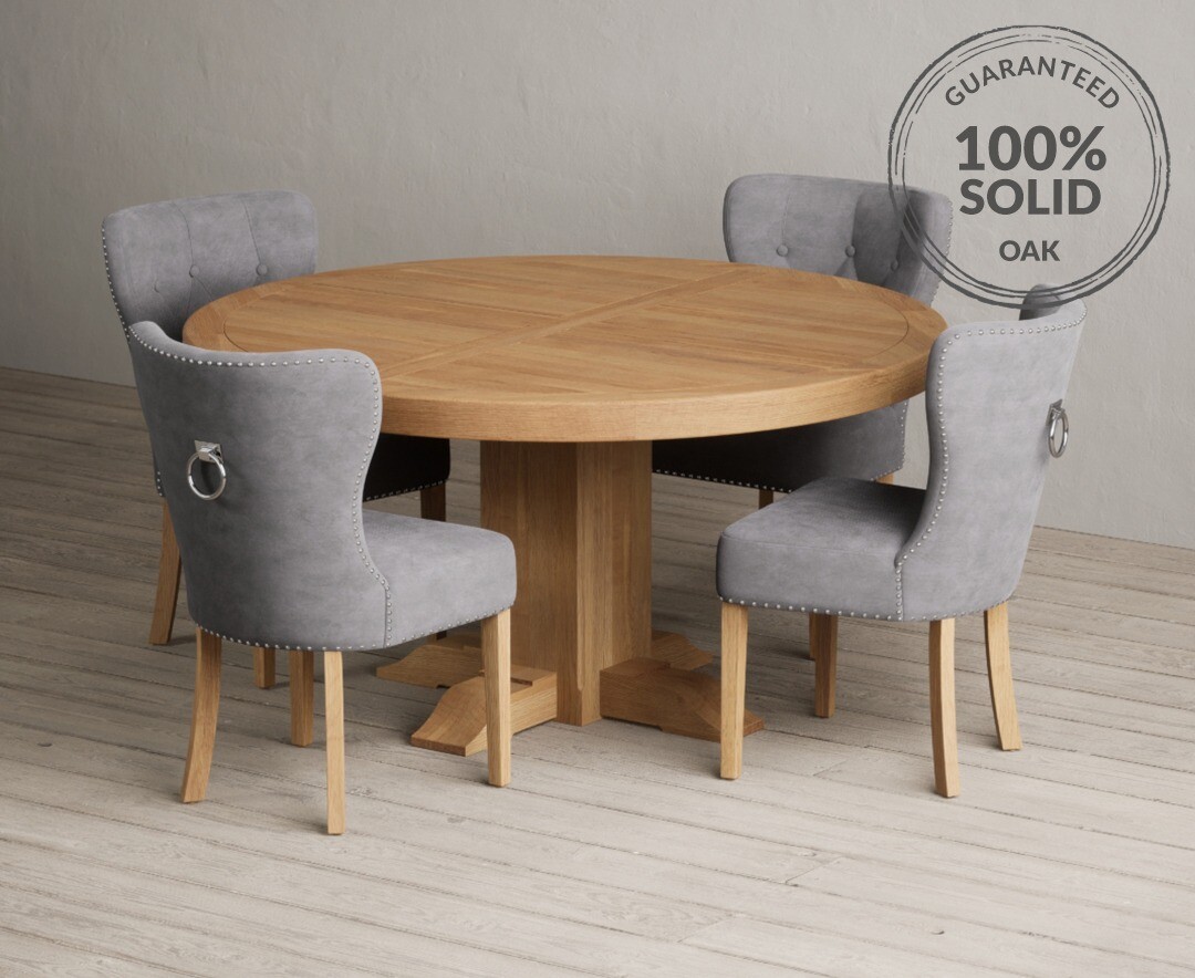 Helmsley 150cm Solid Round Pedestal Dining Table Keswick Velvet Chairs