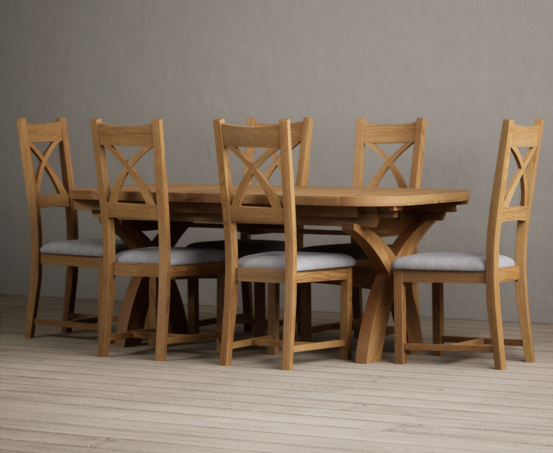 Extending Olympia 180cm Solid Oak Dining Table With 6 Light Grey Natural Solid Oak Chairs
