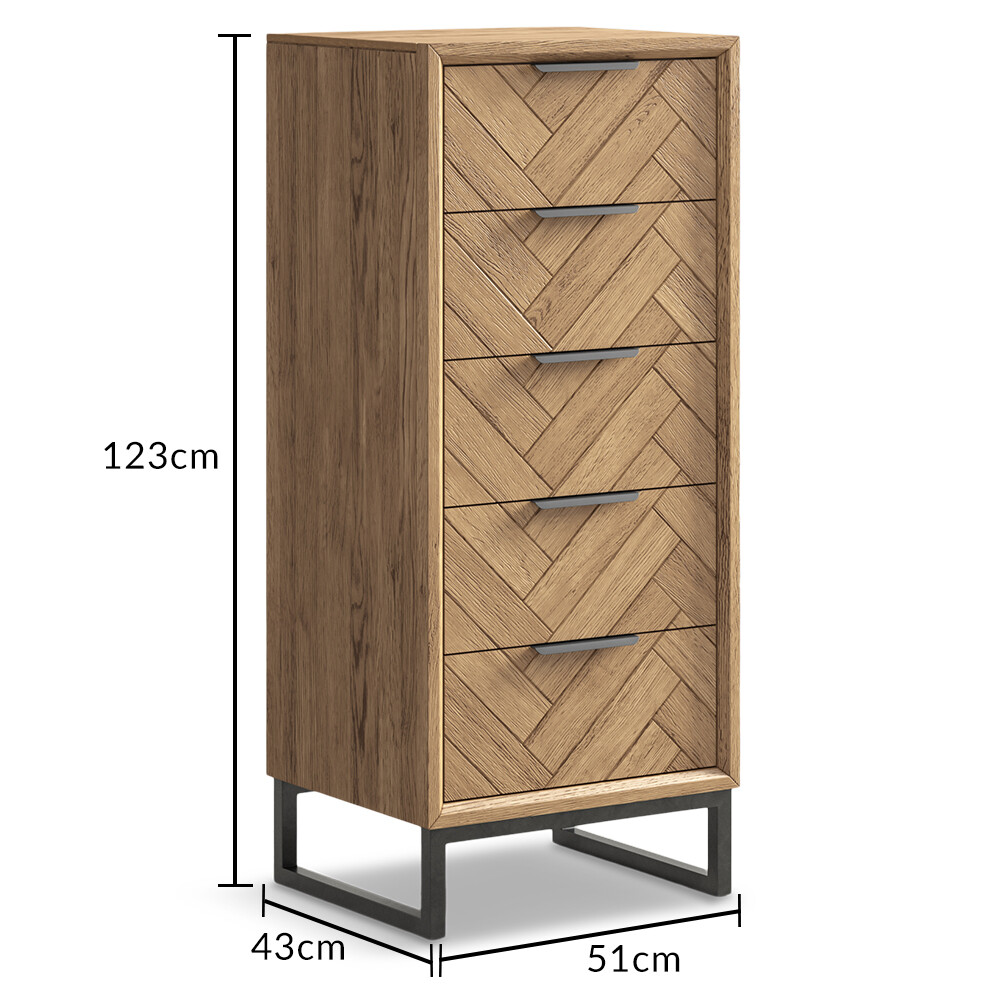 Dimensions of Herringbone solid oak 5 drawer tallboy chest