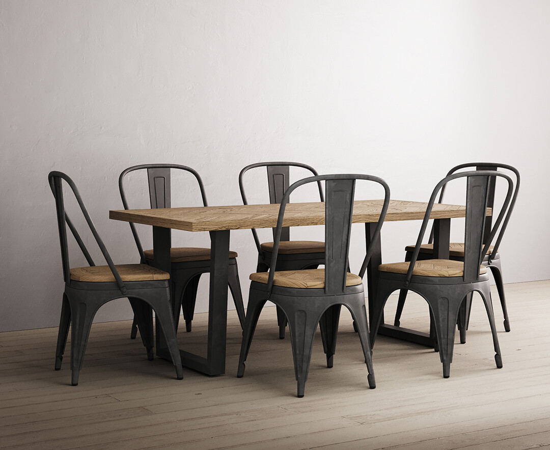 Herringbone 190cm Solid Oak and Metal Dining Table with 6 Oak Herringbone Chairs