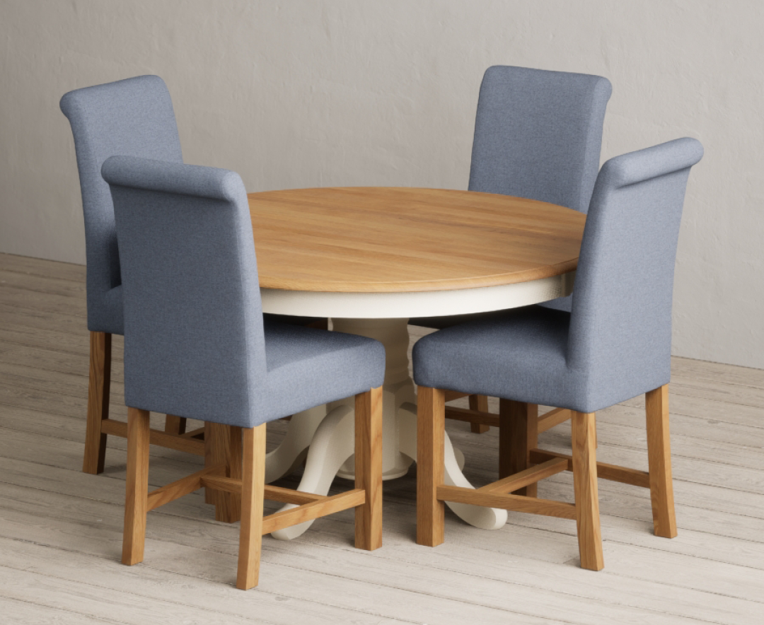 Hertford 120cm Fixed Top Oak And Cream Painted Dining Table With 4 Blue Braced Chairs