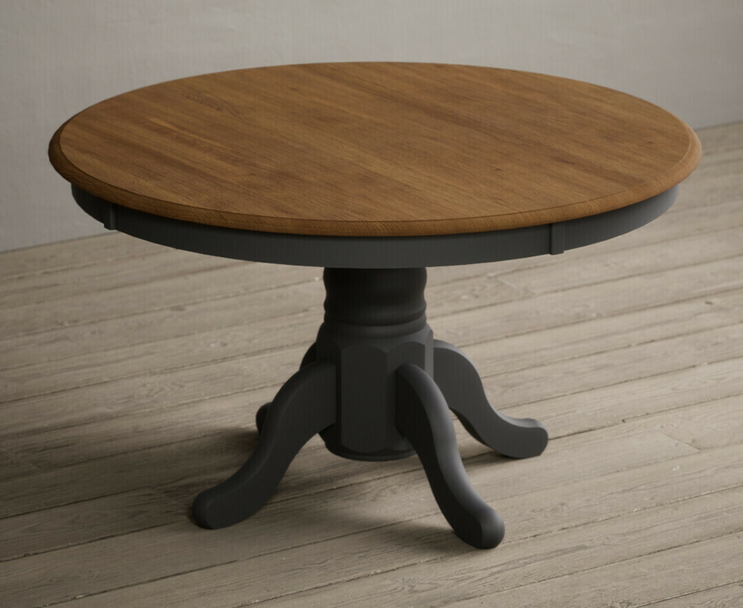 Extending Hertford 100cm - 130cm Oak and Charcoal Grey Painted Pedestal Dining Table with 4 Rustic Oak Painted Chairs