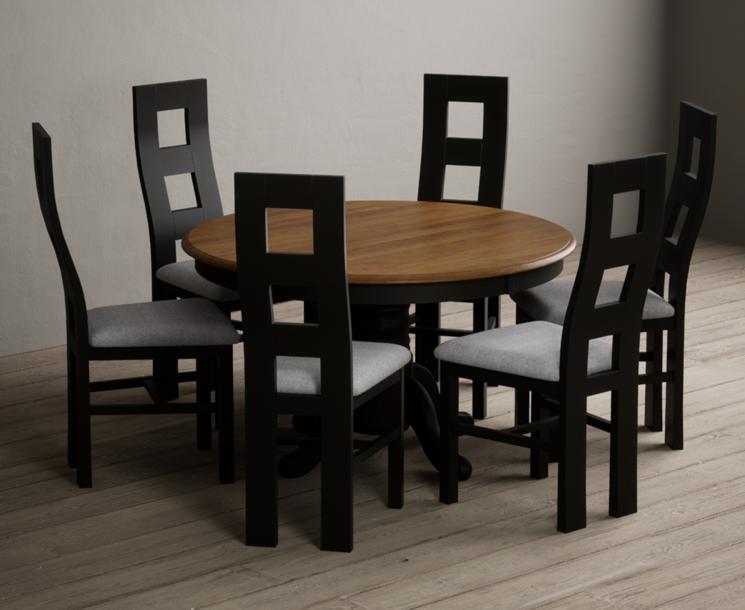 Hertford 120cm Fixed Top Oak and Black Painted Round Pedestal Table with 6 Light Grey Painted Chairs