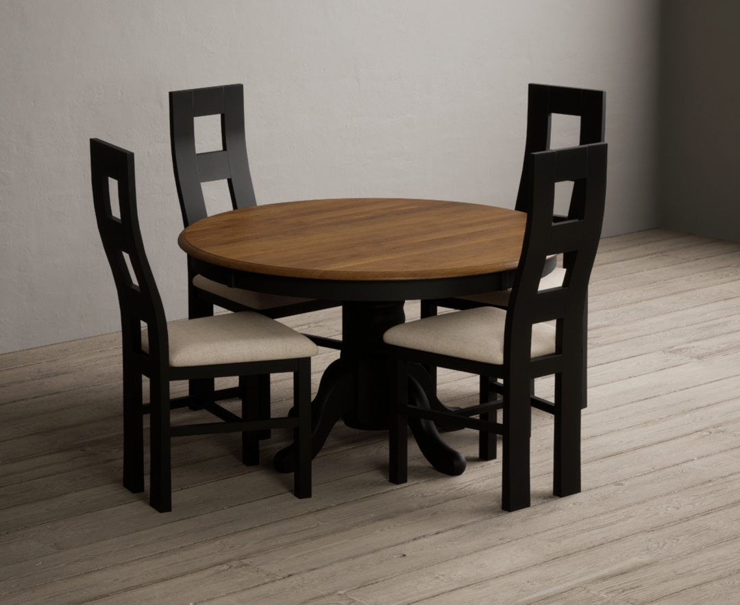 Hertford 120cm Fixed Top Oak and Black Painted Round Pedestal Table with 4 Linen Painted Chairs