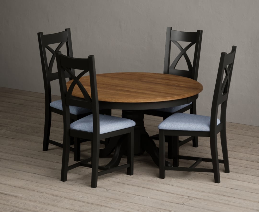 Hertford 120cm Fixed Top Oak And Black Painted Dining Table With 4 Blue Painted Chairs