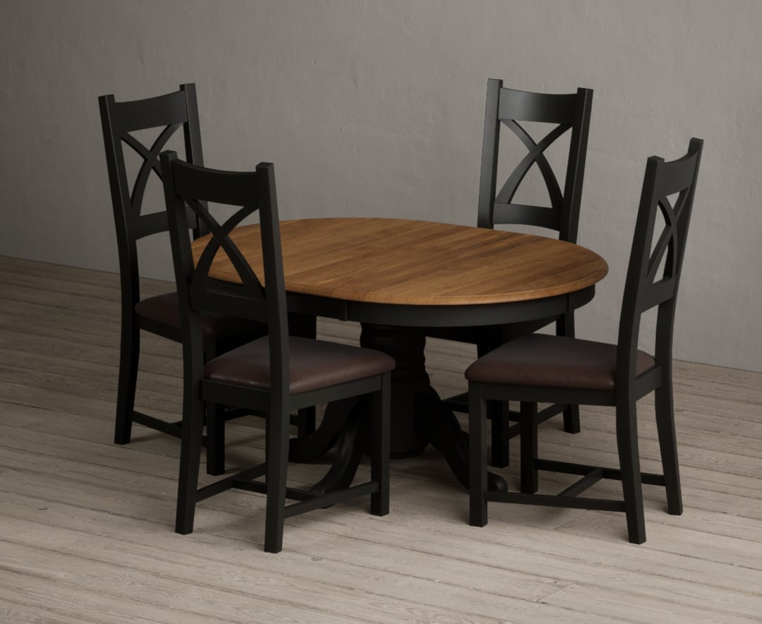 Extending Hertford 100cm - 130cm Oak and Black Painted Pedestal Dining Table with 6 Linen Painted Chairs