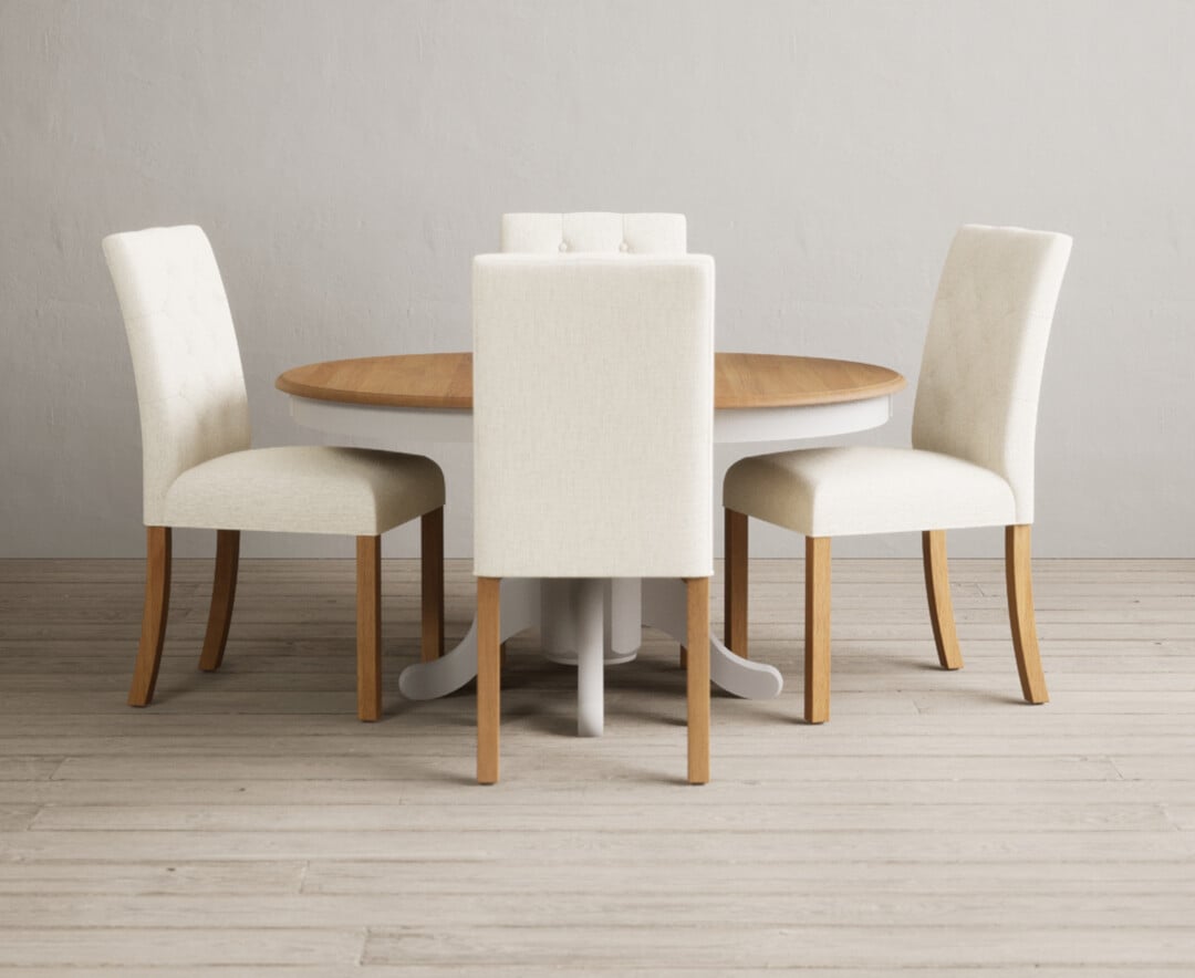 Extending Hertford 100cm - 130cm Oak and Soft White Painted Pedestal Dining Table with 4 Natural Isabella Chairs