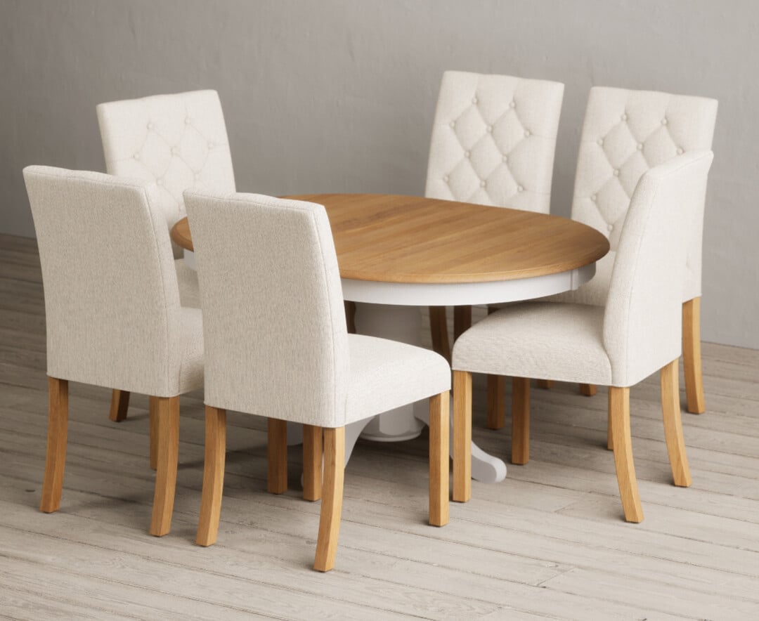 Extending Hertford 100cm - 130cm Oak and Soft White Painted Pedestal Dining Table with 4 Natural Isabella Chairs