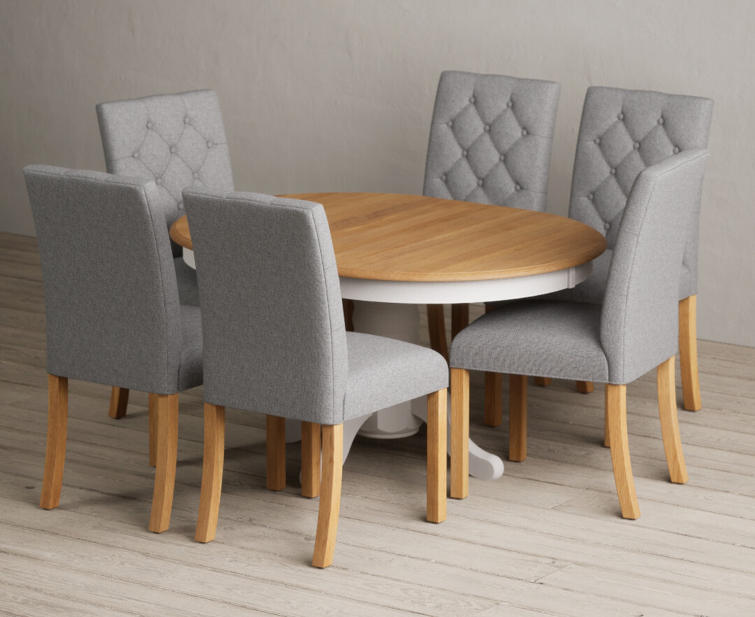 Extending Hertford 100cm - 130cm Oak And Soft White Painted Pedestal Dining Table With 4 Grey Isabella Chairs