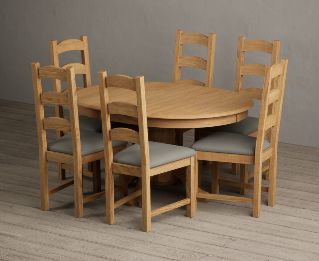 Extending Hertford 100cm – 130cm Solid Oak Pedestal Dining Table with 4 Grey Alton Chairs