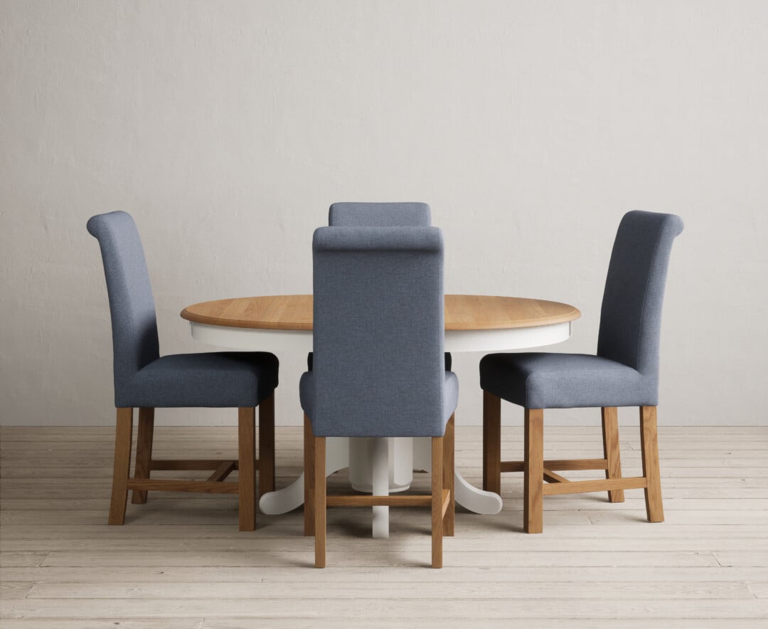 Extending Hertford 100cm - 130cm Oak and Signal White Painted Pedestal Dining Table with 4 Charcoal Grey Braced Chairs