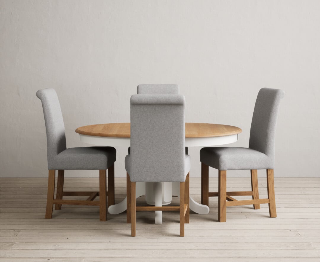 Extending Hertford 100cm - 130cm Oak and Signal White Painted Pedestal Dining Table with 4 Charcoal Grey Braced Chairs