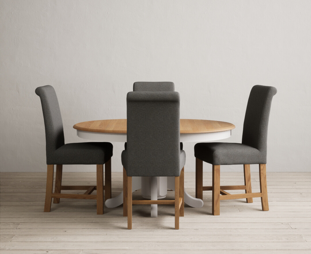 Extending Hertford 100cm - 130cm Oak And Soft White Painted Pedestal Dining Table With 6 Grey Braced Chairs