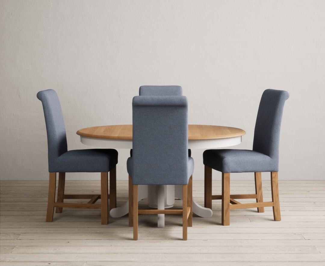 Extending Hertford 100cm - 130cm Oak and Soft White Painted Pedestal Dining Table with 6 Natural Braced Chairs