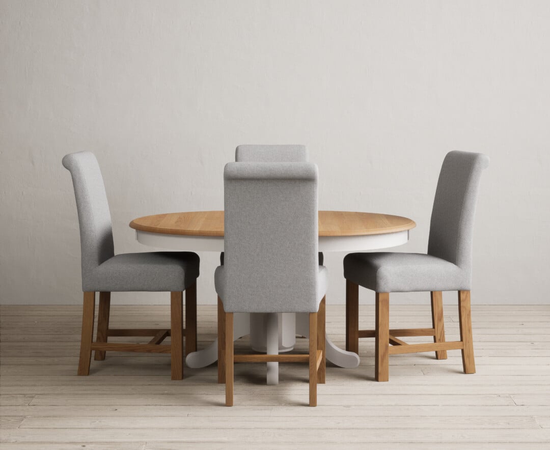 Extending Hertford 100cm - 130cm Oak and Soft White Painted Pedestal Dining Table with 6 Natural Braced Chairs