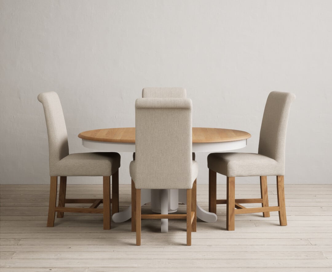 Extending Hertford 100cm - 130cm Oak and Soft White Painted Pedestal Dining Table with 6 Natural Braced Chairs