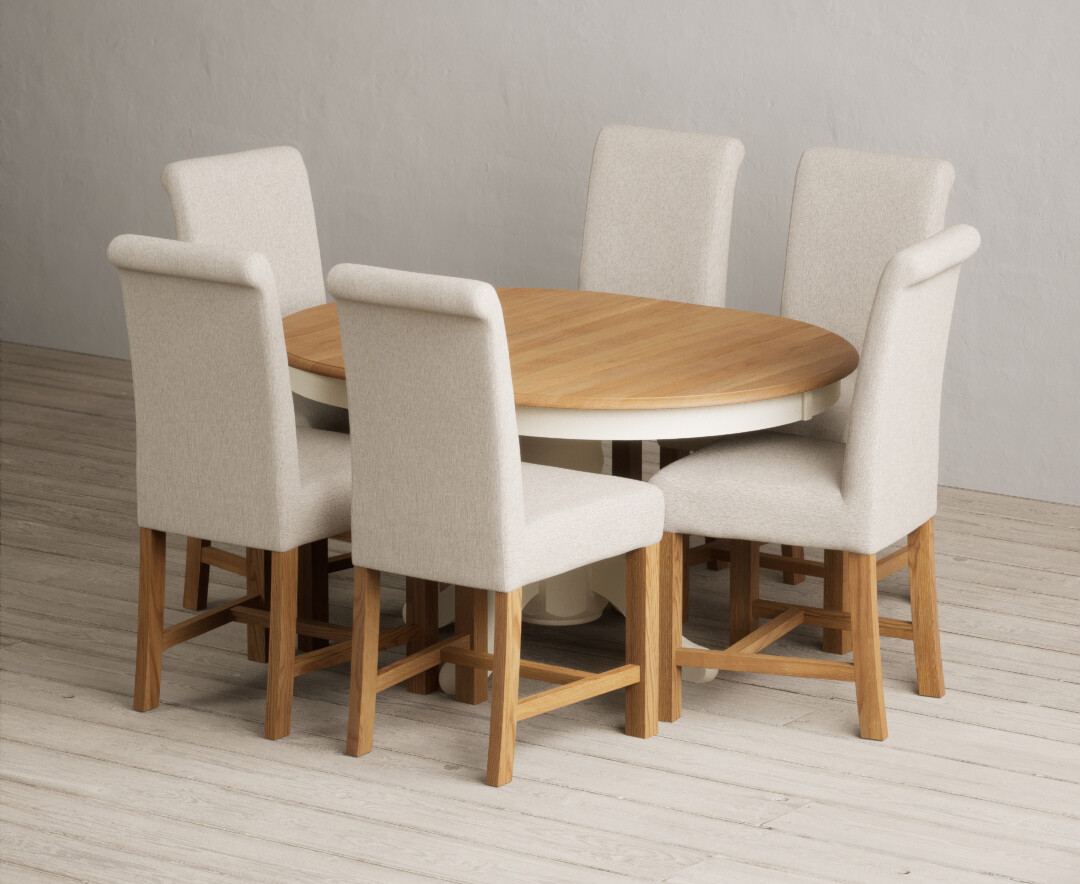 Extending Hertford 100cm - 130cm Oak And Cream Painted Pedestal Dining Table With 4 Blue Braced Chairs