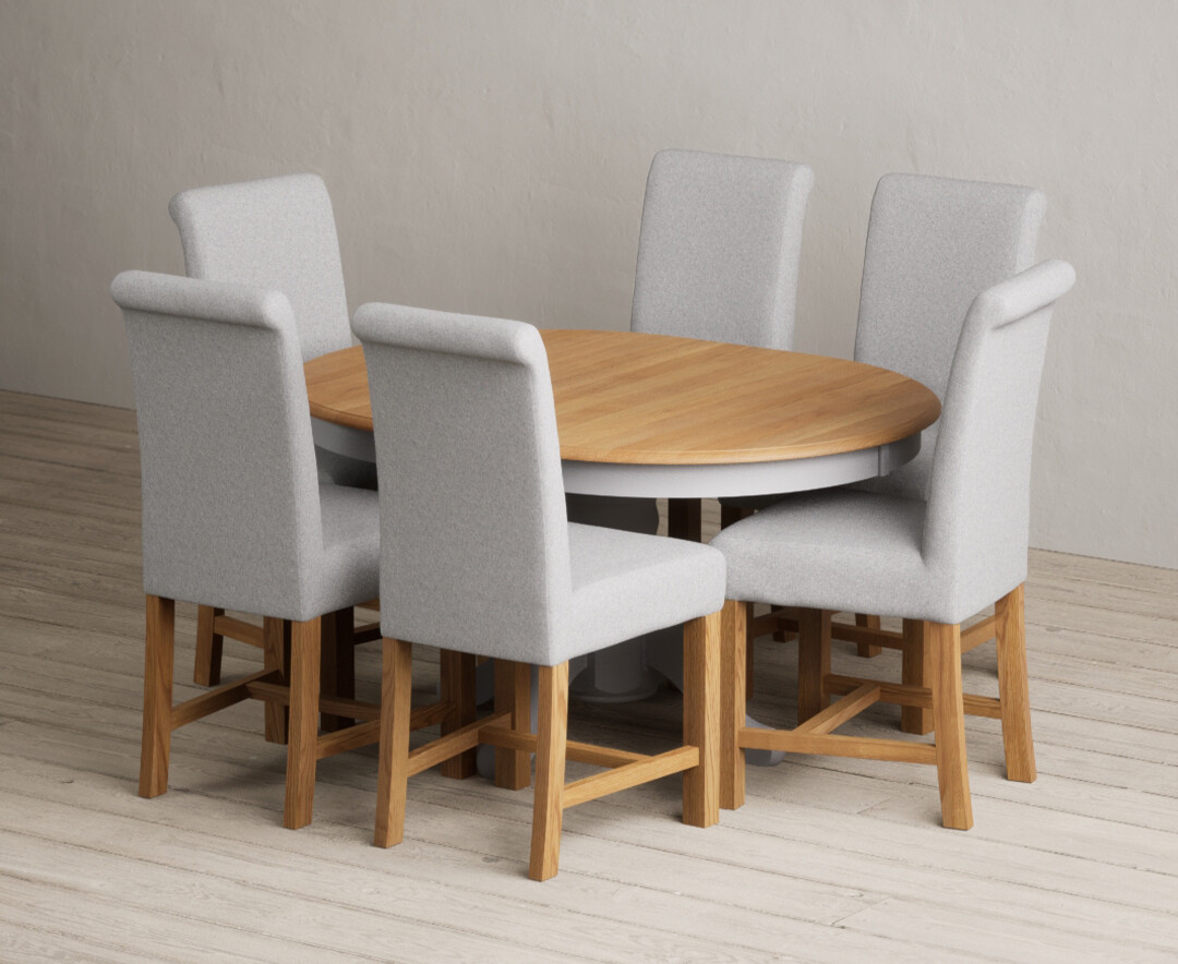 Extending Hertford 100cm - 130cm Oak And Light Grey Painted Pedestal Dining Table With 6 Blue Braced Chairs