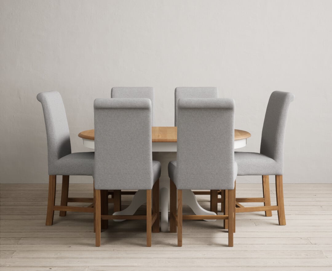 Extending Hertford 100cm - 130cm Oak and Signal White Painted Pedestal Dining Table with 4 Charcoal Grey Braced Chairs