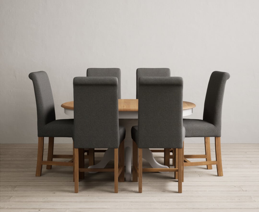 Extending Hertford 100cm - 130cm Oak and Soft White Painted Pedestal Dining Table with 6 Natural Braced Chairs