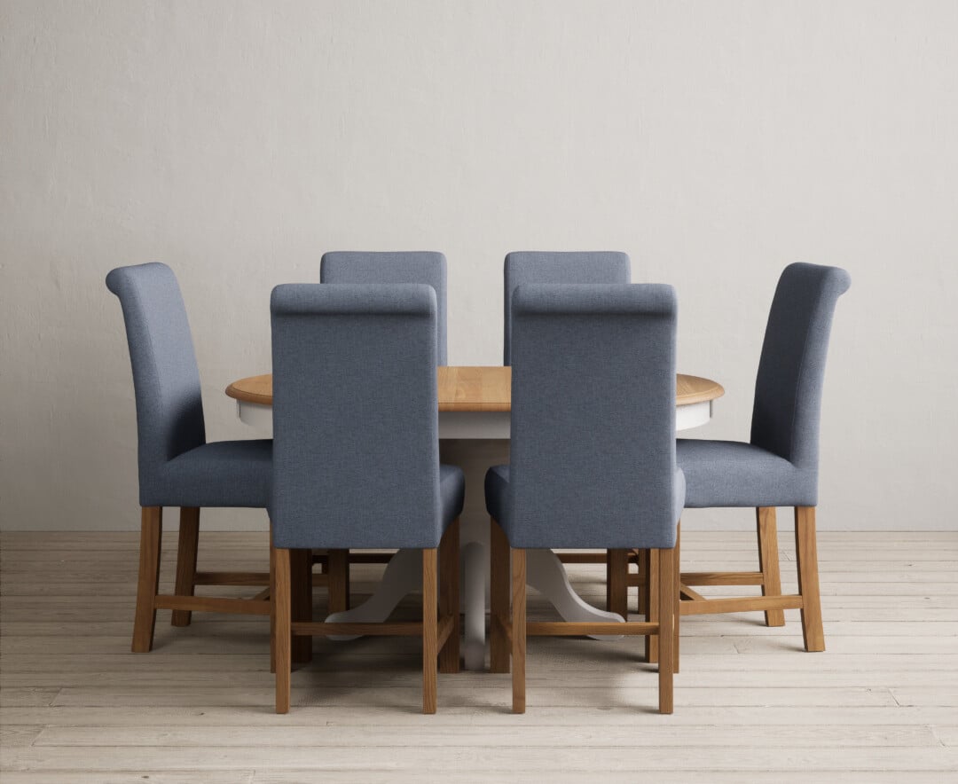 Extending Hertford 100cm - 130cm Oak and Soft White Painted Pedestal Dining Table with 6 Natural Braced Chairs