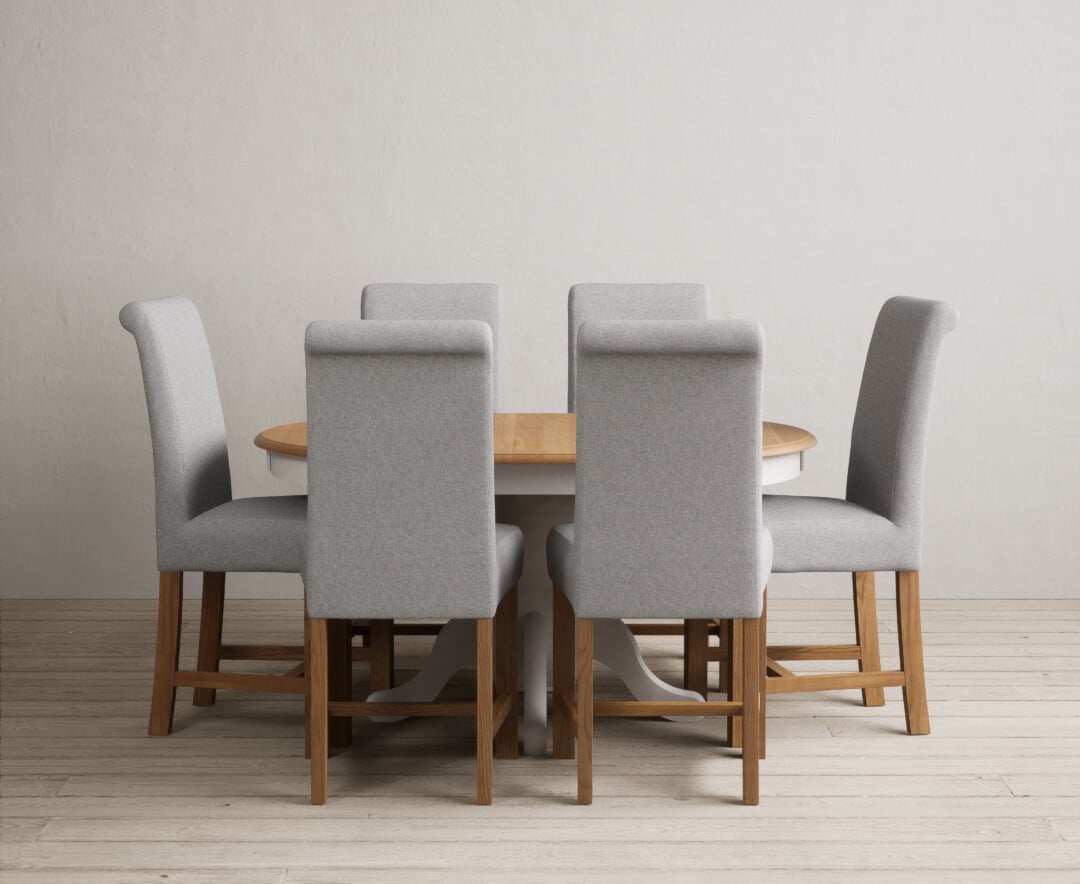 Extending Hertford 100cm - 130cm Oak and Soft White Painted Pedestal Dining Table with 6 Natural Braced Chairs