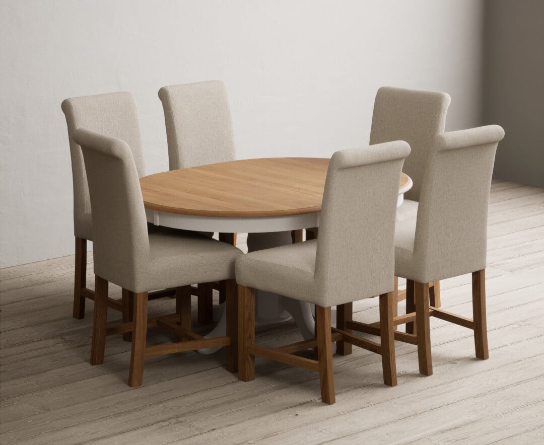 Extending Hertford 100cm - 130cm Oak and Soft White Painted Pedestal Dining Table with 6 Natural Braced Chairs