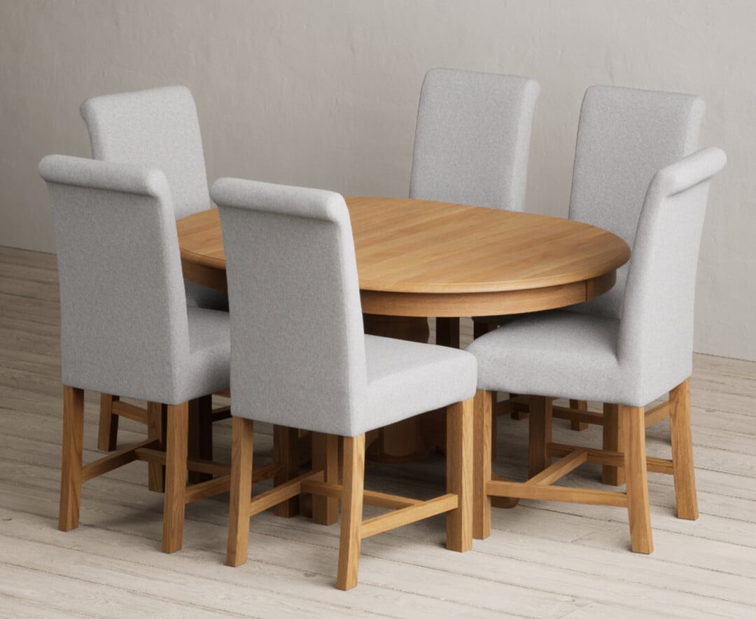 Extending Hertford 100cm – 130cm Solid Oak Pedestal Dining Table with 4 Charcoal Grey Braced Chairs