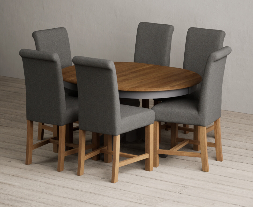 Extending Hertford 100cm - 130cm Oak And Charcoal Grey Painted Pedestal Dining Table With 6 Grey Braced Chairs